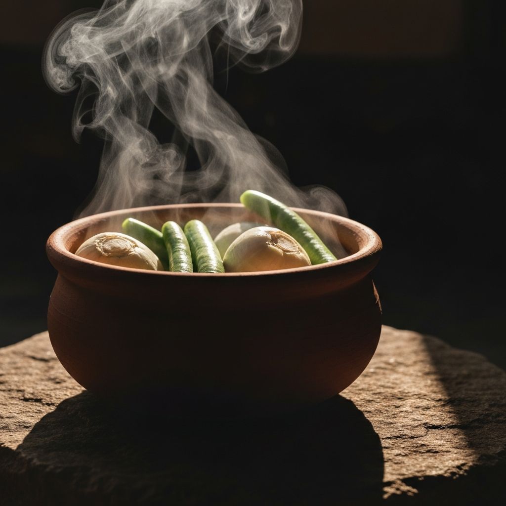 Fresh vegetables being steamed in a clay pot on a stone surface