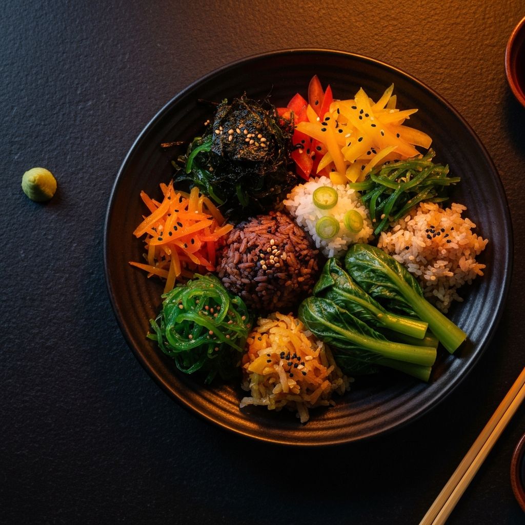 Asian-style food arrangement with vegetables, rice and steamed greens