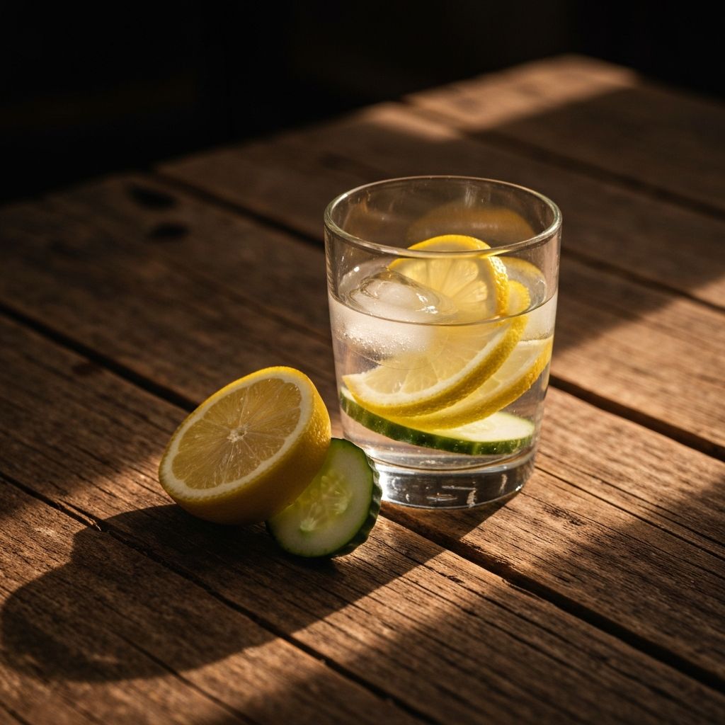 Glass of water with cucumber and lemon on a stone surface