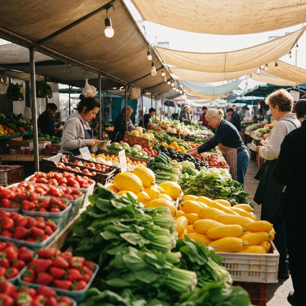 Vibrant outdoor fresh produce market with colorful vegetables and fruits