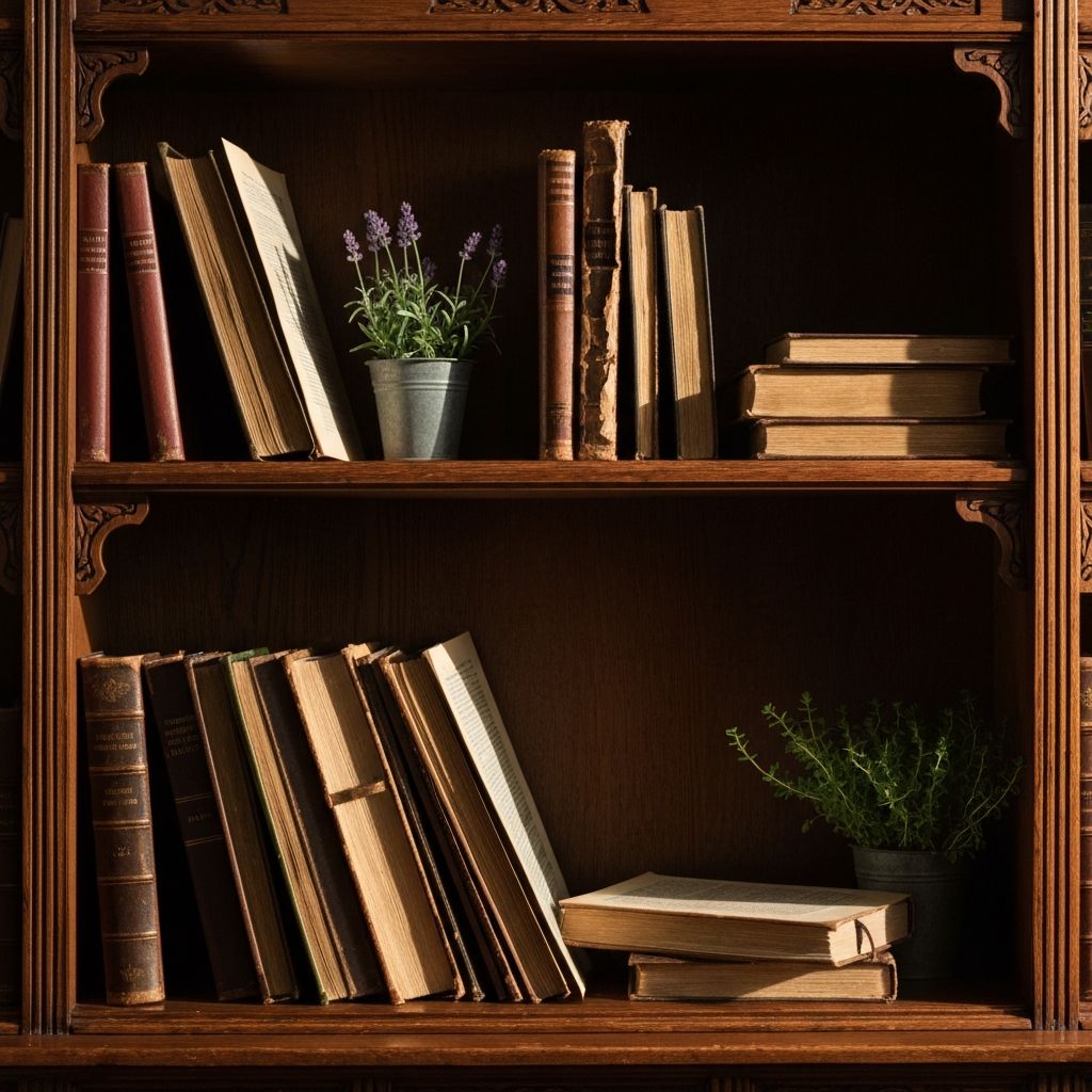 Bookshelf with research books and journals beside fresh herbs